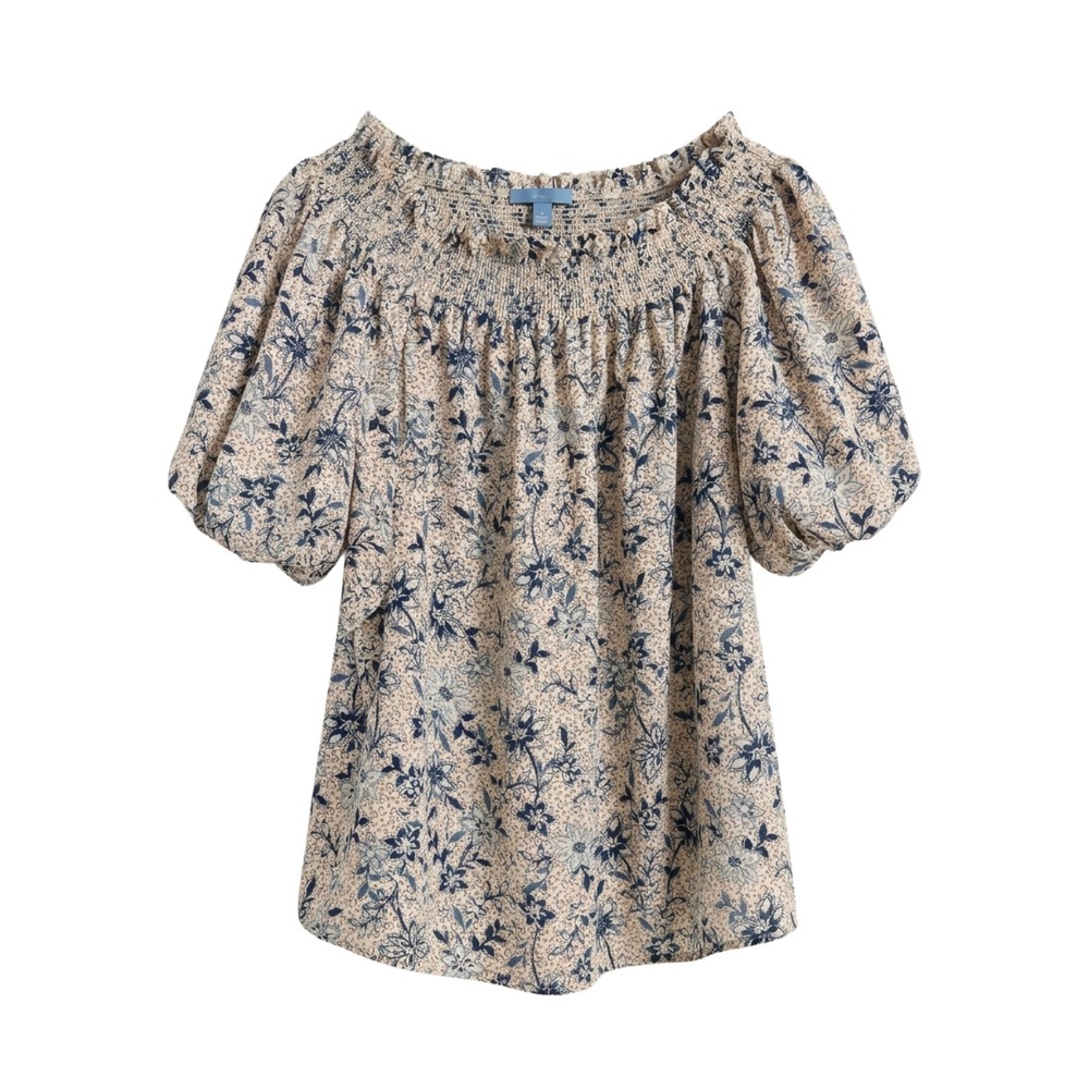 16. NWT CeCe Floral Off The Shoulder Blouse Ivory Blue Smocked Puff Sleeve Medum